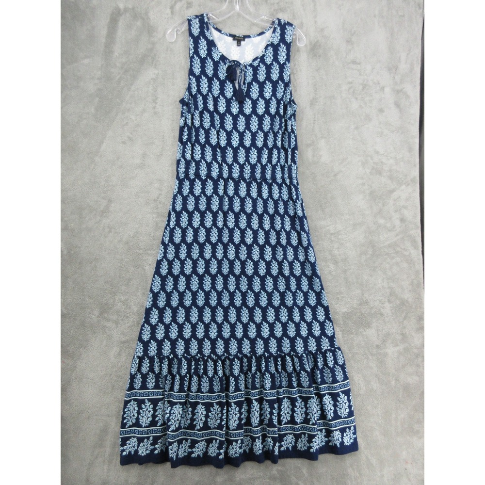 Talbots Dress Womens Size M Floral Maxi Tassel Tie Boho Ruffle Hem Stretch Blue